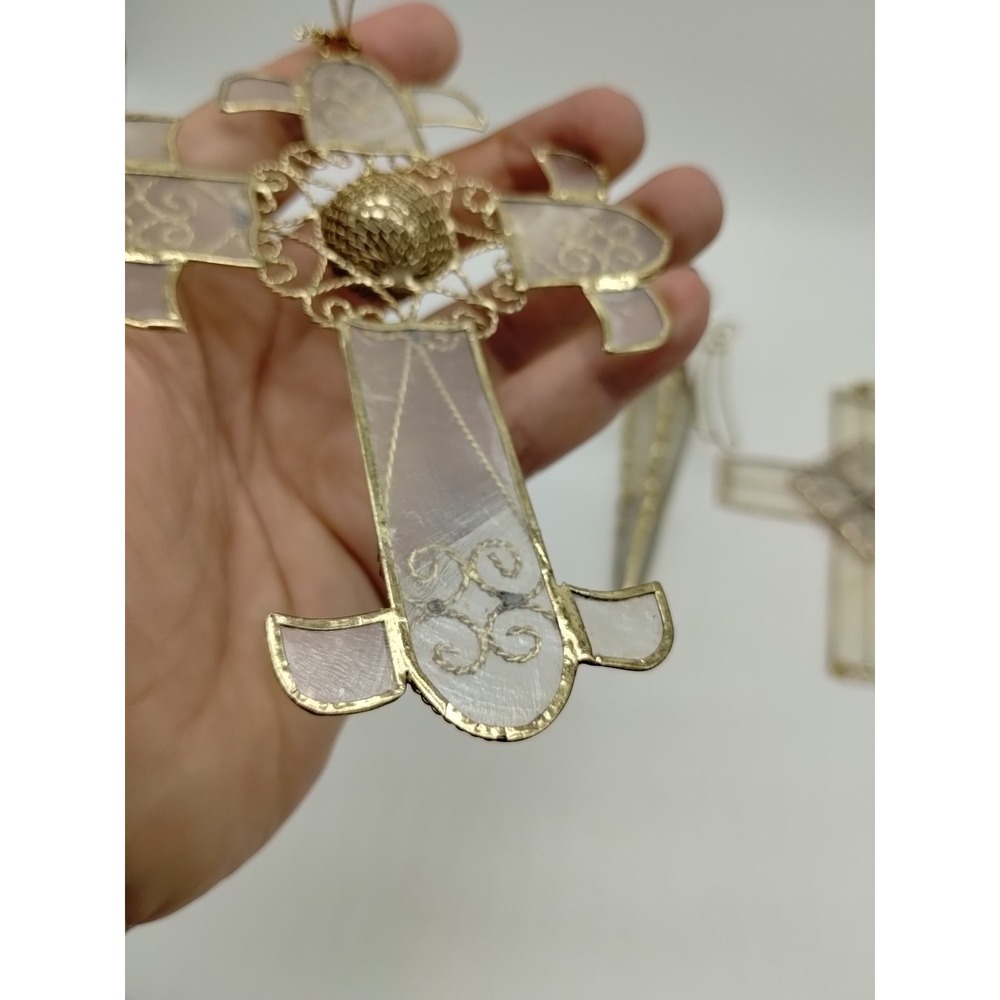Set Of 3 Stain Glass Look Christmas Ornaments Angel Cross Made From Shell? - Picture 7 of 14